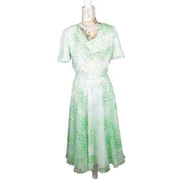 Vintage Jack Bryan Sheer Fun Flirty Flowy Green Polka Dot Midi Cowl Neck Dress - Picture 8 of 10